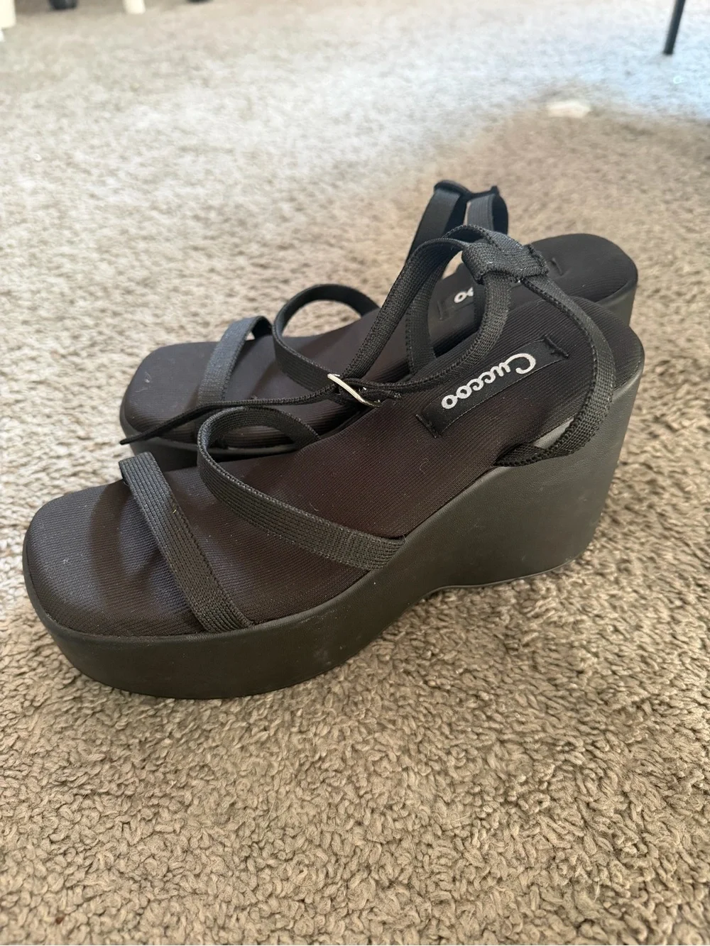 Forever 21 Black Platform Wedge Sandals with Strappy Upper